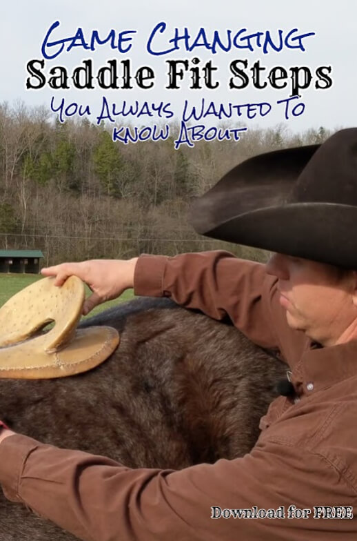 Middle age man in a brown button up shirt and black cowboy hat afixing a saddle to a brown horse. Text says "Game changing saddle fit steps you always wanted to know about."