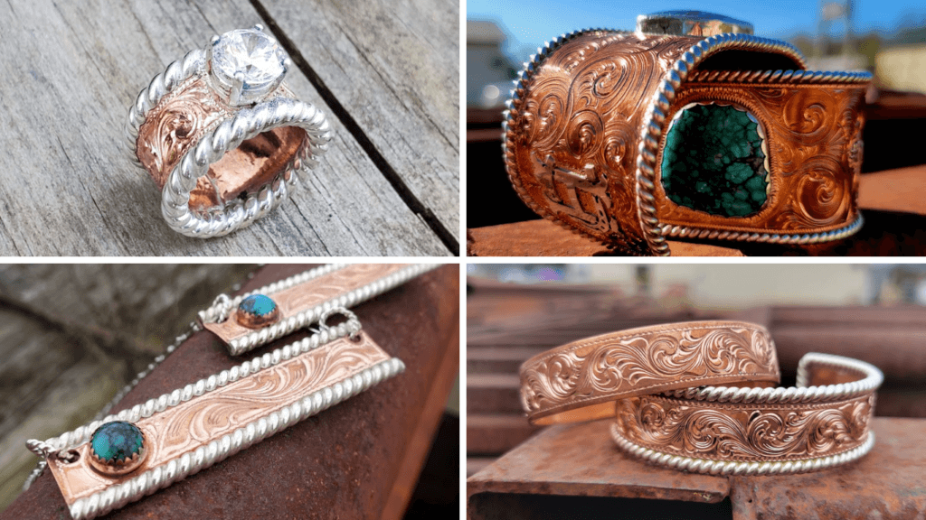 Graphic with four photos of copper jewelry- an en copper ring with a setting, 