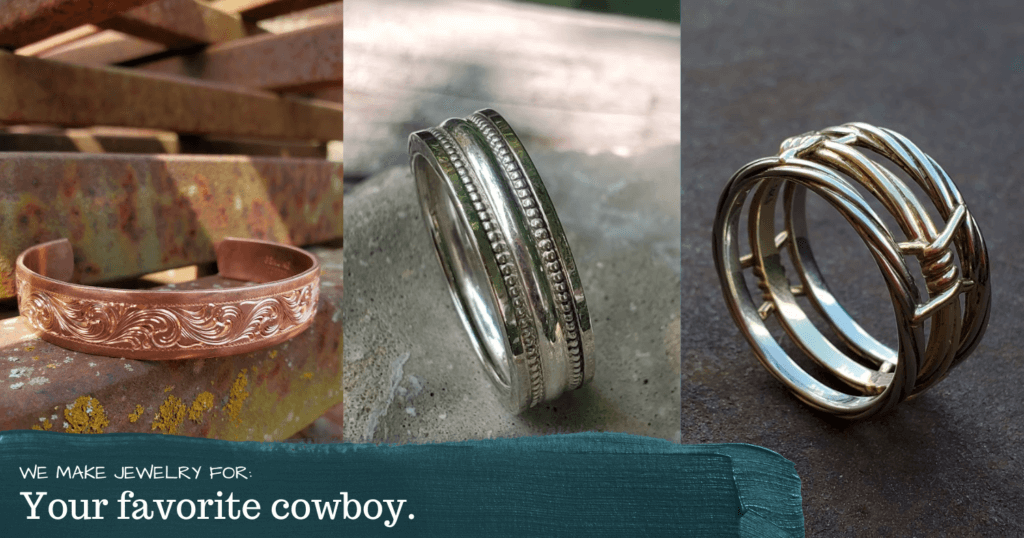 A photo showing a copper bracelet, a sterling silver men's ring, and a barbed wire ring.