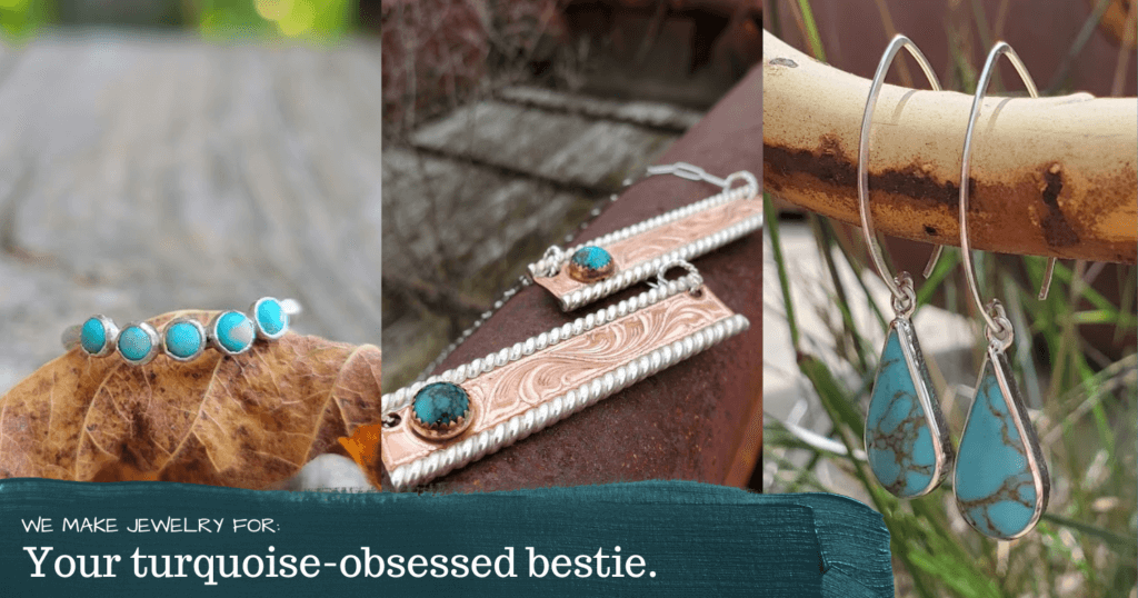 A photo showing a contour turquoise ring, a copper and sterling silver bar necklace, and a pair of sterling silver drop earrings. 