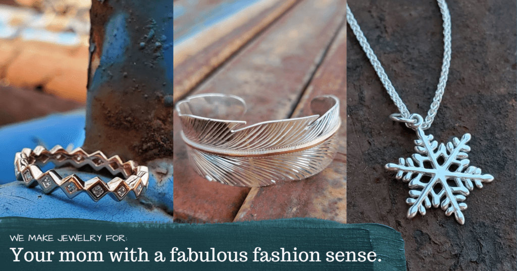 A photo showing western jewelry including a rose gold diamond ring, a sterling silver feather bracelet, and a sterling silver snowflake necklace. 