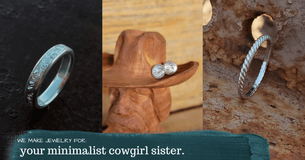 A photo showing three cowgirl jewelry items including a white gold band, a pair of small hand-engraved stud earrings, and a rope ring.