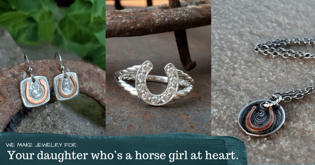 A photo showing western jewelry including a pair of horseshoe earrings, a horseshoe pendant, and a sterling and diamond horseshoe shaped ring.