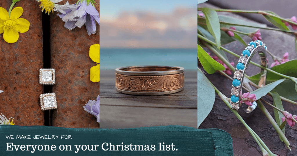 Three photos of western jewelry including a pair of square moissanite earrings, a white and rose gold men's wedding ring, and a white gold, turquoise and diamond band.